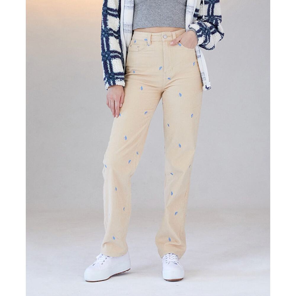 PACSUN Mushroom Embroidered Boyfriend Corduroy Pants Cream 27